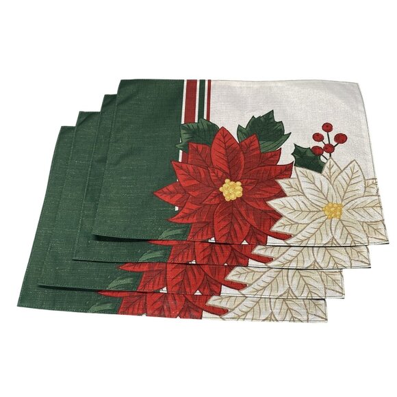 St. Nicholas Square Christmas Holiday Poinsettia Placemats Set Of 4 - Picture 1 of 5